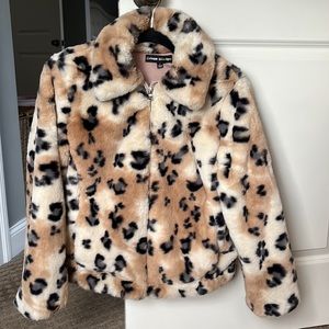 Oversized faux fur cheetah print bomber jacket